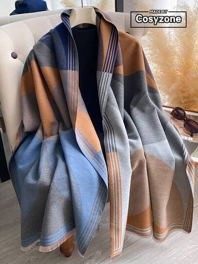 1条女士双面仿羊绒撞色图案围巾，时尚百搭，空调房毯披肩，加厚保暖，适合日常使用，秋冬季女士连衣裙围巾