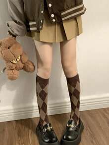 1/3 Paia di calze a metà polpaccio o al polpaccio con motivo a diamante per donne, calze a compressione modellanti in puro cotone stile JK scolastico, adatte per l'autunno/inverno per uso quotidiano, calze calde e confortevoli - Caffè Marrone - Visualizzare 5