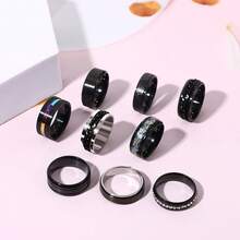 9PCS Stainless Steel Rings For Men High Polished Mens Band Wedding Engagement Fidget Rings Spinning Band Size 7-13 - Black - View 7