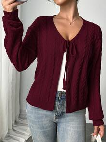 Elegant Solid Color Cable Knit Front Tie Bow Long Sleeve Cardigan Sweater For Women, Autumn/Winter - Burgundy - View 5