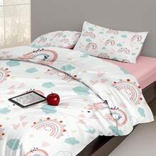 3pcs/Set Cartoon Rainbow, Heart, Smiling Face Cloud, Star Print Bedding Set - 4 Seasons Breathable Polyester Duvet Cover With Zipper Closure, Machine Washable, Includes 1 Duvet Cover And 2 Pillowcases (No Filler Or Pillow Insert), Soft & Cozy Bedroom Linens, Fashionable Bedroom Decor, Creates A Warm Atmosphere