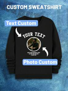 Customized Plus Size Men's Sweatshirt, Can Customize Any Pattern Or Logo, Casual Crew Neck Pullover For Autumn/Winter, Long Sleeve Top - Black - View 3