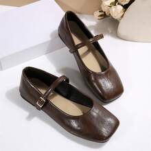 Flats For Women Elegant Square Toe Slip On Flats Soft One Line Strap Flats Retro Flat Shoes - màu nâu - Xem 3