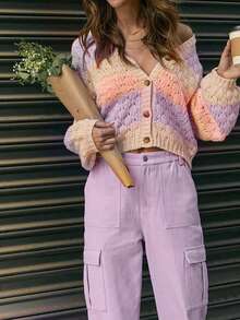 Women's Autumn Sweater Cardigan Long Sleeve V Neck Button Up Contrast Color Knitwear