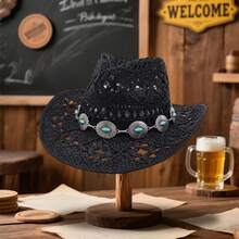 Sun Straw Hat For Women Summer Wide Brim Hollow Out Western Fedora Chain Decor Breathable Cowgirl Hat - màu đen - Xem 5