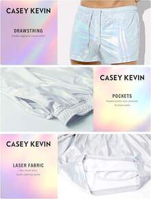 Men's Holographic Metallic Short Sparkly Shiny Short Pants Rave Outfit Hot Shorts With Pockets And Drawstrings - A1-銀色-ck3118 - 查看 6