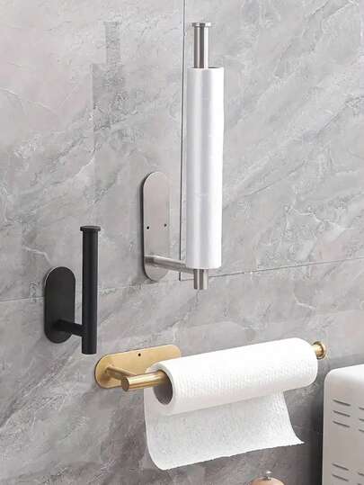 1pc Stainless Steel Self-Adhesive Paper Towel Holder, Suitable For Bathroom, Under Cabinet, Can Be Fixed With Glue Or Screws