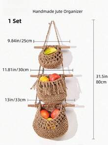 1 juego de bolsas colgantes tejidas a mano de 3 capas, estante de cocina, estante de almacenamiento de frutas y artículos diversos para la puerta de la pared, canasta colgante de cuerda de algodón, estante colgante de pared de 3 capas, bolsas colgantes de almacenamiento de artículos diversos - Marrón - Ver 3