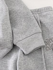 2 件套幼儿女童休闲运动风格字母刺绣薄羊毛运动衫套装，适合日常穿着 - 灰色 - 查看 5