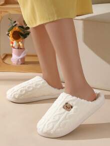 青少年毛绒熊保暖拖鞋，秋冬季保暖防滑室内家居拖鞋 - 白色 - 查看 2