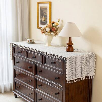 1 قطعة جدول بيج هندسي بوهيمي مزخرف بالدانتيل، شراشيب بيج، وشاح مستطيل لمدفأة المنزل، مناسب للخزائن وغطاء البيانو، قابل للغسيل، ديكور منزلي للصالة والنوم وحفلات الشاي، مناسب لجميع الفصول، الربيع والصيف