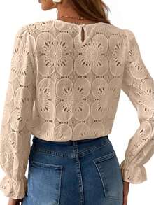 Vintage Lace Hollow Floral Round Neck Long Flared Sleeve Loose Blouse For Women  Blusas De Mujer Elegante Casual Dating Office Tops - Màu be - Xem 2