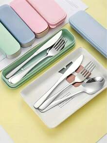 4pcs Portable Stainless Steel Cutlery Set, Including Spoon, Fork, Knife, Suitable For Picnic, Work, Camping, School Travel, With Black Storage Box, Dishwasher - Black - View 7