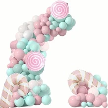 106pcs Pink Christmas Theme Party Balloon Arch Kit, Including Pink Lollipop Candy Cane Foil Balloons, White Pink Macaron Blue Latex Balloons, Suitable For Christmas Family Gathering Party Decoration, Christmas Scene Layout