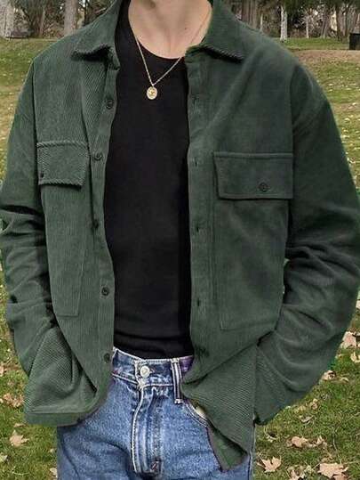 Jaqueta de Veludo Masculina de Cor Sólida, Camisa Casual de Manga Longa com Gola Virada para Baixo e Zíper Completo, Versátil e Adequada para Várias Ocasiões, Camisa Essencial Masculina