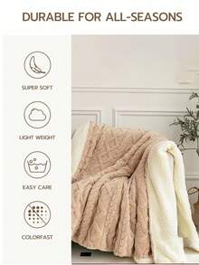 1 件卡其色涤纶夏尔巴双面毛毯，纯色波浪图案双层毛毯，适合所有季节，温暖柔软，简约时尚床毯，适用于卧室、沙发、办公室、沙发床 - 卡其色 - 查看 8