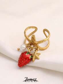 时尚不锈钢海星草莓吊坠戒指，宽开口设计，适合女性日常佩戴和派对佩戴，是馈赠佳品。 - 戒指 - 查看 3