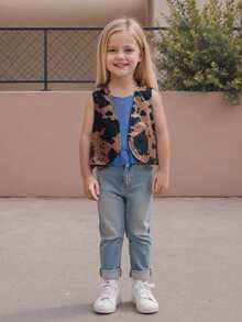Toddler Baby Boy Girl Cow Print Vest Jacket Vintage Western Cowboy Outfit Cowgirl Vest PU Leather Cowprint Vest Open Front Jacket Sleeveless Waistcoat Cow Print Cardigan Outwear