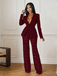 Completo da donna con blazer a collo scialle nero e pantaloni in rete trasparente con perline, set formale con bottoni, maniche regolari a media elasticità, adatto per autunno/inverno, colori disponibili: nero, bianco, bordeaux, design scollo a V profondo, abito da sera