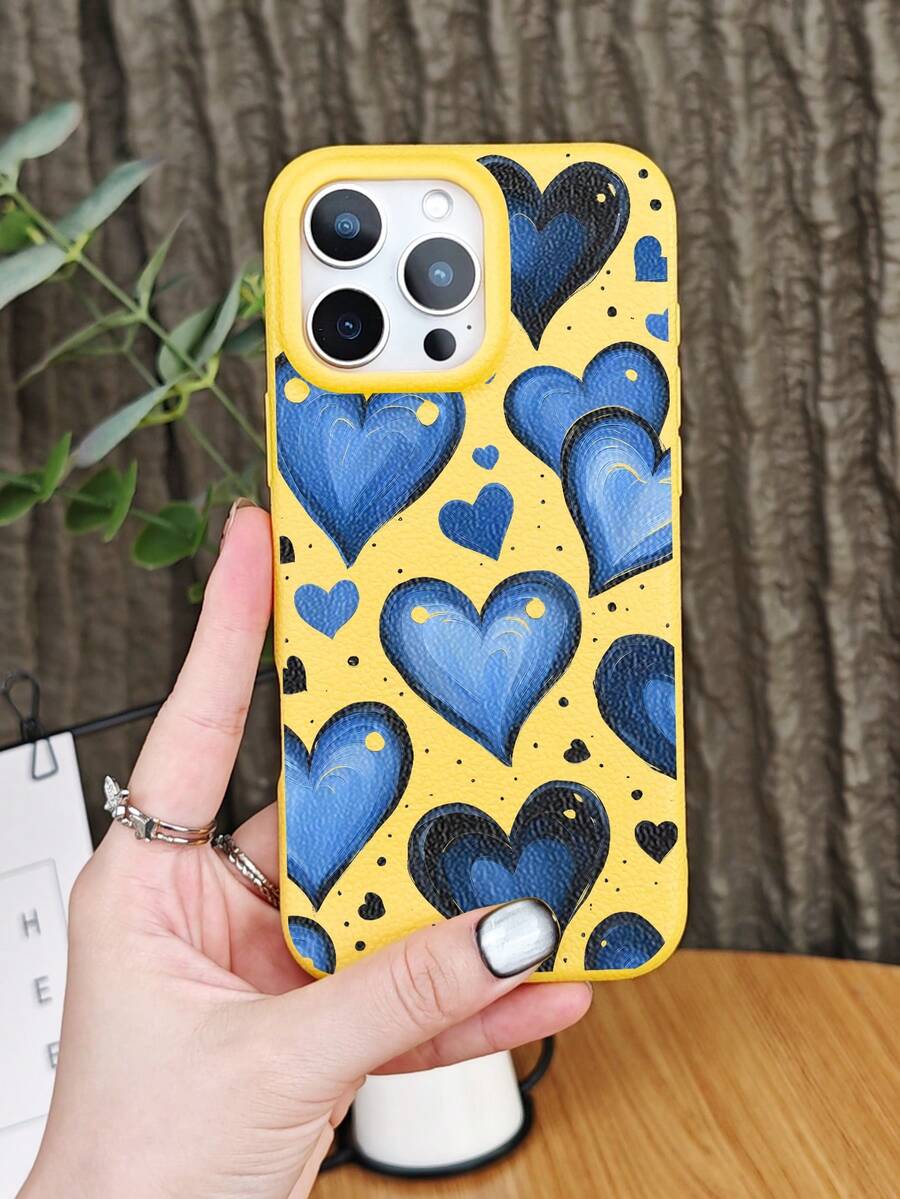 Aesthetic Blue Heart Pattern Phone Case For Women Cute Painting Design Protective Cover Fashion Art Print Shockproof Back Case Compatible With Iphone 16promax/16pro/16plus/16/15promax/15pro/15plus/15/14promax/14pro/14plus/14/13promax/13pro/13/12promax/12pro/12 - 黃色 - 查看 1