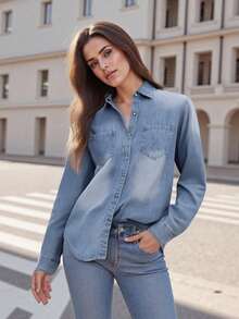 Women Denim Shirt, Long Sleeve Button-Down Solid Jacket Fall Tops With Pockets For Casual Daily - Blue - View 4