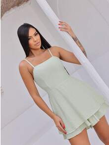 Romper Dress Flared Viscose Fabric With Adjustable Straps With Elastex Cup At Simple Cost Linen With Belt Daily Daily Summer - 綠色 - 查看 5