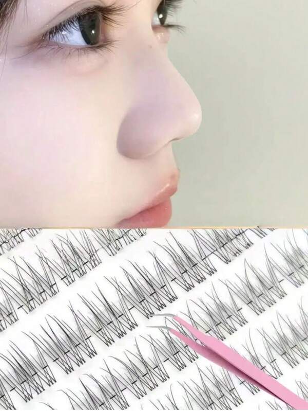 120 pestañas postizas de visón sin pegamento, estilo de dibujos animados natural, pestañas gruesas segmentadas adecuadas para principiantes, fáciles de usar, pestañas postizas con aspecto transparente sin maquillaje con set de pinzas, grupos de pestañas, pestañas individuales, pestañas postizas