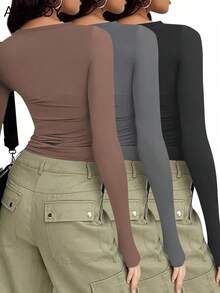 Set de 3 camisetas básicas de manga larga de cuello redondo sencillas y casuales, aptas para otoño/invierno