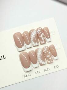 10 pezzi di unghie finte indossabili, dipinte a mano con motivo coccodrillo e fiori francesi, per uso quotidiano e pendolarismo, lunghezza media quadrata con effetto sfumato, unghie lucide e carine per signore, adatte per feste, balli, uso quotidiano, delicate ed eleganti, unghie finte per ragazze carine, copertura completa, accessori per unghie