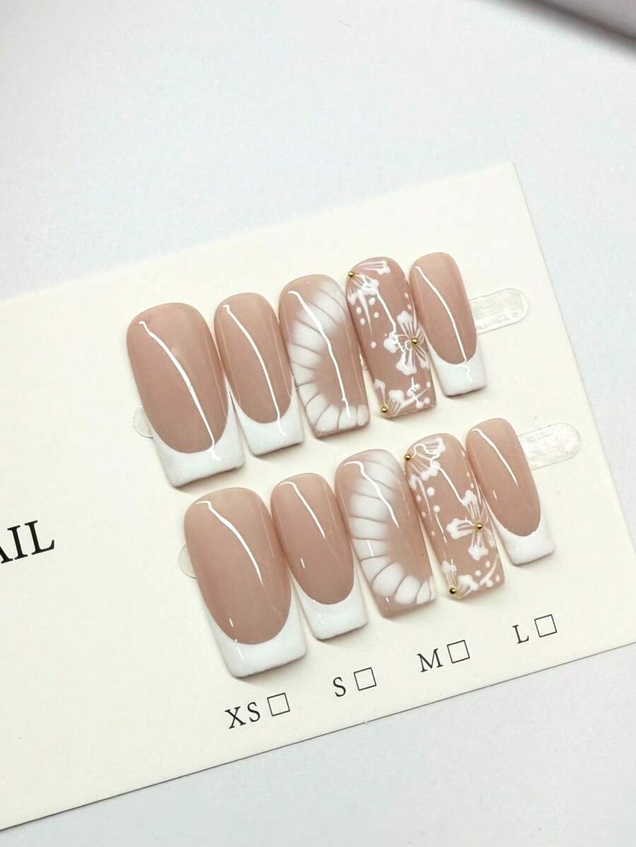 10 pezzi di unghie finte indossabili, dipinte a mano con motivo coccodrillo e fiori francesi, per uso quotidiano e pendolarismo, lunghezza media quadrata con effetto sfumato, unghie lucide e carine per signore, adatte per feste, balli, uso quotidiano, delicate ed eleganti, unghie finte per ragazze carine, copertura completa, accessori per unghie