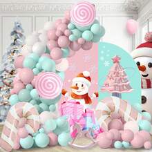 106pcs Pink Christmas Theme Party Balloon Arch Kit, Including Pink Lollipop Candy Cane Foil Balloons, White Pink Macaron Blue Latex Balloons, Suitable For Christmas Family Gathering Party Decoration, Christmas Scene Layout