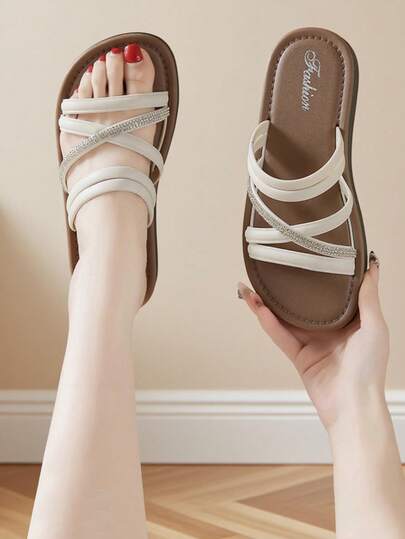 Women's Flat Sandals, Quilted Glitter Women's Summer Sandals, Elegant, Stylish, Fashionable, Goddess-Like, Sexy, Graceful, PVC Synthetic Leather, Criss-Cross Strap Flat Sandals, Beach, Wedding, School, Resort, Party, Office, Summer Women's Shoes