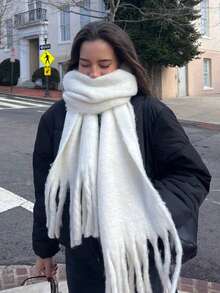 1pc Solid Color Scarf, Winter Warm Neck, Thickened Wool Knitted Thick Fringed Shawl, Winter Scarf