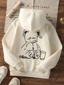 少女休闲印花保暖内衬卫衣，秋季款 - 杏色 - 查看 3