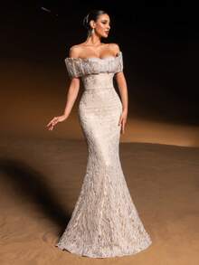 Faeriesty Haute Glamour Elegant Sparkly Sequin Maxi Off-Shoulder Evening Gown With Sparkling Crystal-Beaded Accents For Red Carpet Events, Luxury Weddings, Black-Tie Gala Dinners, And Editorial-Ready Fashion Show Outs For Women - Màu be - Xem 7