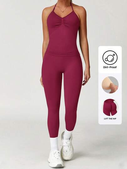 Yefecy 2Pcs Impact Gym Set For Women,Backless Tank Tops High Waist Scrunch Seamless Leggings Gym Suit Fitness Clothes Activewear Workout Sets