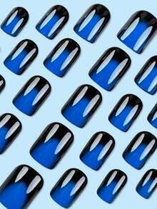 24Pcs Short Square Press-On Nails, Navy Blue Ombre Design Manicure Set, Suitable For Party, Ball, Or Daily Wear Nail Supplies Nails