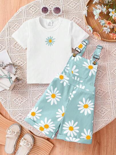 مجموعة ملابس صيفية للفتيات الصغيرات، ملابس علوية قصيرة الأكمام بطبعة الزهور، جمبسوت قصيرة مع جيوب وأربطة، ملابس ناعمة وعملية بطراز أنيق للاستخدام اليومي والخروج، 2 قطعة