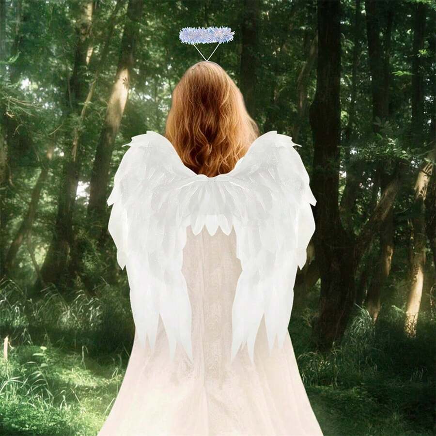 Mejora tu look de fiesta con alas de ángel de organza en blanco y negro: ¡perfectas para Halloween y celebraciones festivas - Blanco - Ver 1