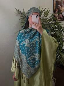 1条女士波西米亚风复古佩斯利提花羊绒围巾，休闲优雅防晒披肩，适合日常佩戴 - Blue Power - 查看 3