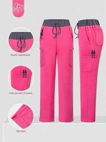 cimmuovere 女士撞色弹力裤，舒适裤子，纯色简约多口袋裤