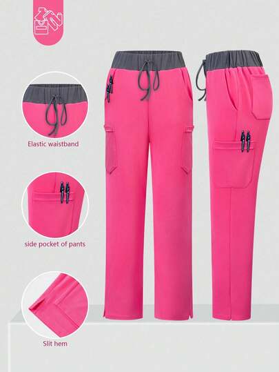 cimmuovere Women's Contrast Color Elastic Pants, Comfortable Pants, Solid Color Simple Multi-Pocket Pants