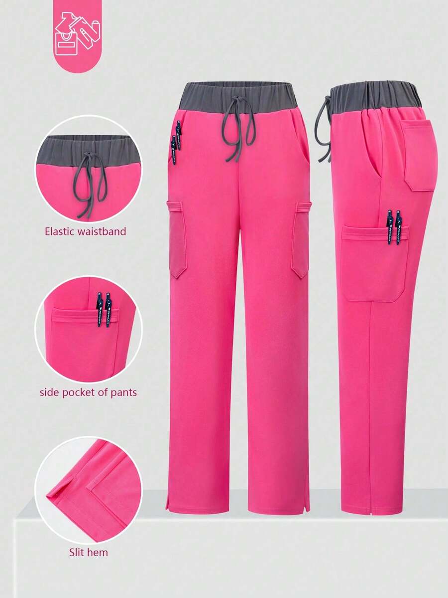 cimmuovere 女士撞色弹力裤，舒适裤子，纯色简约多口袋裤