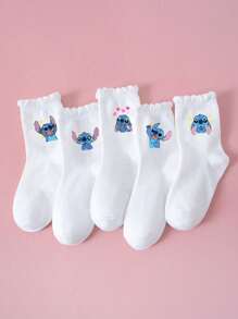 5 Pairs Of Children's/Girls' School Socks, Sports Socks, Cute Stitch Star Heart Pattern Decoration, Fashionable , Soft, Skin Friendly, Comfortable, Sweat Absorbing, Breathable, Sports And Leisure Versatile Mid Tube Socks Suitable For Students' Daily Wear Back To School/Holiday Gifts/Travel