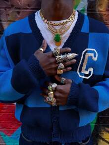 ANDREILEE Plaid V-Neck Long Sleeve Dropped Shoulder Letter Print Casual Loose Unisex Button-Up Cardigan, Suitable For Spring, Autumn, Winter - Blue - View 1