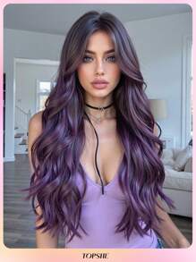TOPSHE sanft und großzügig lila 66 cm lange lockige hitzebeständige synthetische Perücke mit Pony, Anfängerfreundliche Perücken für Frauen, für Halloween Kostümpartys, HEISS