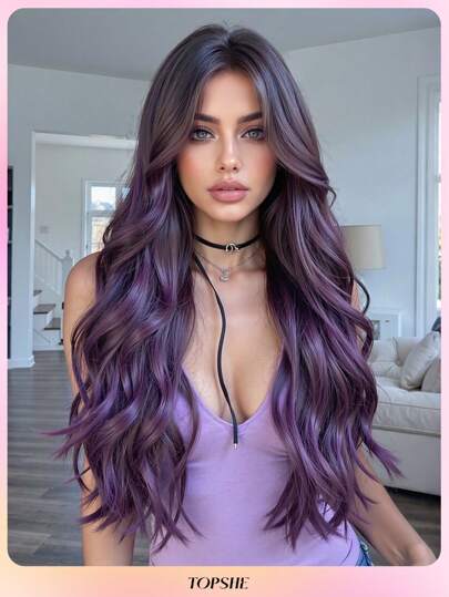 TOPSHE Gentle And Generous Purple 26-Inch Long Curly Heat-Resistant Synthetic Wig With Bangs Beginners Friendly Wigs For Women,For Halloween Cosplay Party,HOT