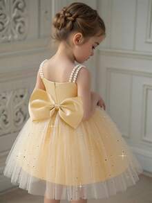 Elegant Ruffle Mesh Backless Bowknot Dress For Young Girls, Suitable For School Dance, Birthday Party, Without Headband - Champagne - View 1