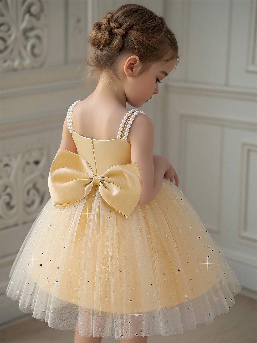 Elegant Ruffle Mesh Backless Bowknot Dress For Young Girls, Suitable For School Dance, Birthday Party, Without Headband - Champagne - View 1