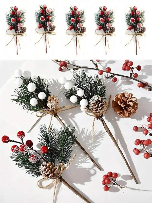 5 piezas Ramas de árbol de pino con bayas rojas, Guirnaldas artificiales de piñas y bayas, Flores artificiales de piña mini para manualidades, Ramas de árbol de Navidad de plástico para decoraciones, fiestas, bodas, centros de mesa de cocina y restaurante, San Valentín, regalos